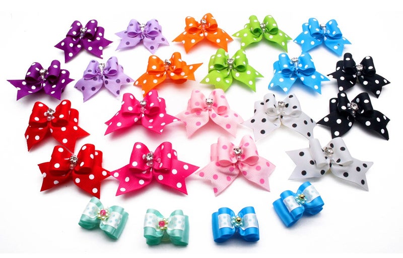 YOY 24 pcs/12 Pairs Adorable Grosgrain Ribbon Pet Dog Hair Bows with Elastic Rubber Bands - Doggy Kitty Topknot Grooming Accessories Set for Long Hair Puppy Cat - Image 2